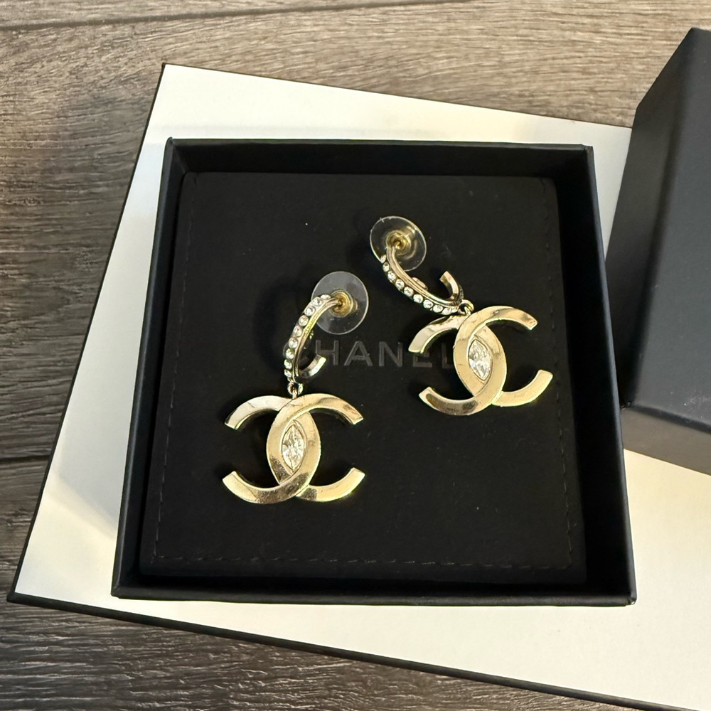 Chanel Large Gold  CC Crystal Dangle Earrings